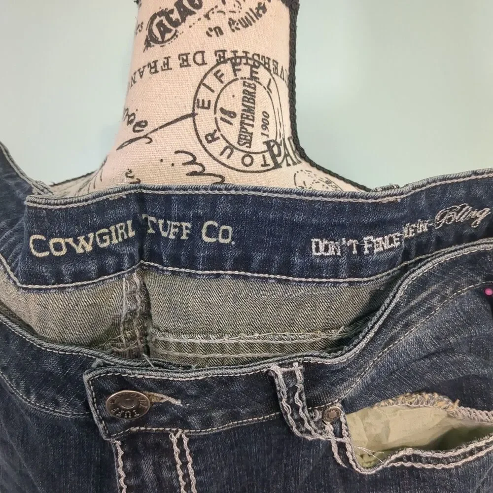 Cowgirl Tuff Jeans Womens 36x37 Don't Fence Me In Bootcut Blue Stretch Zip Fly
